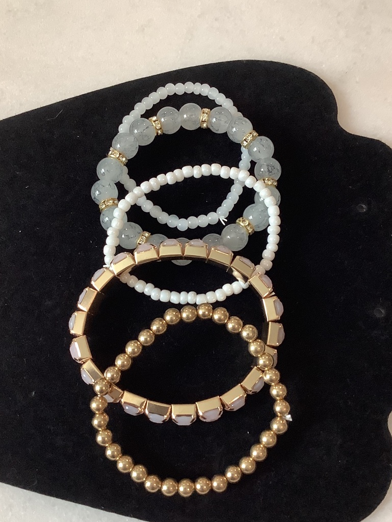 Gold And Light Gray Stacked Beaded Bracelet/Bangle Set, Brand New